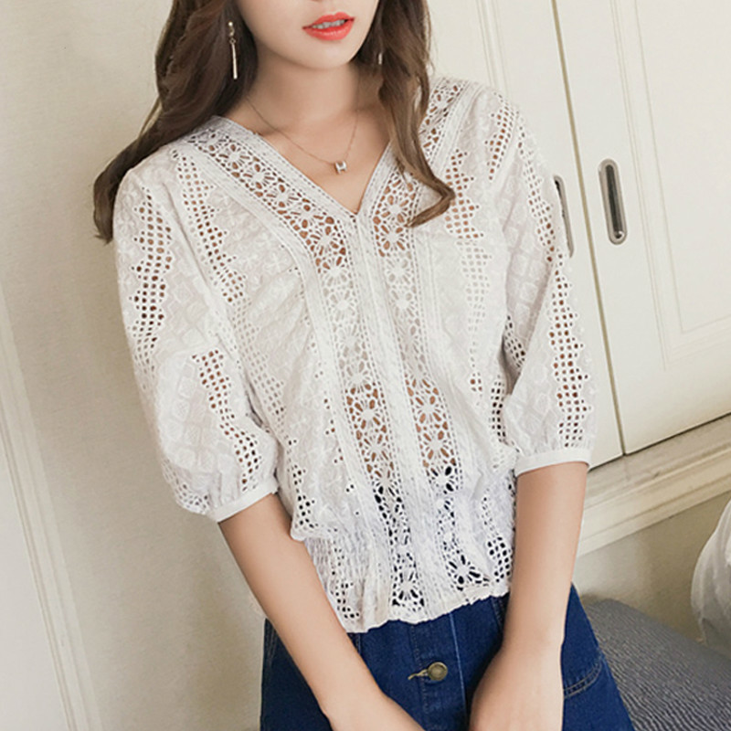 Korean Style Tops Solid Lace Blouse Women Blusas Mujer De Moda Summer Vintage Elegant Patchwork Clothes 9248 210506