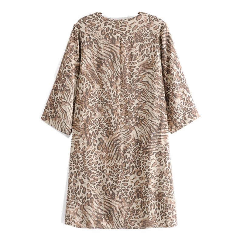 Spring Bohemia Round Neck Khaki Leopard Print BOHO Dress Hippie Women 3/4 Sleeve Loose Straight Short Dresses Holiday 210429