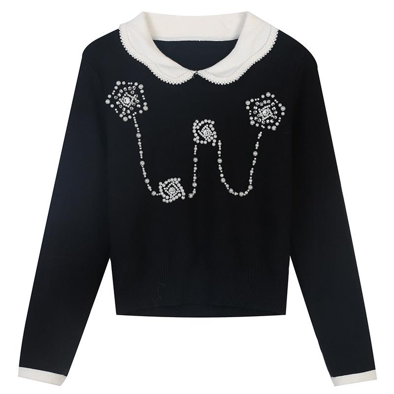 Women' Sweaters Flower Beaded White Lapel Niche Design Short Slim Fashion Pullover Blouse Women Black Knite Sweater Top Vintage Vestido
Women' Sweaters Flower Beaded White Lapel Niche Design Short Slim Fashion Pullover Blouse Women Black Knite Sweater Top Vintage Vestido