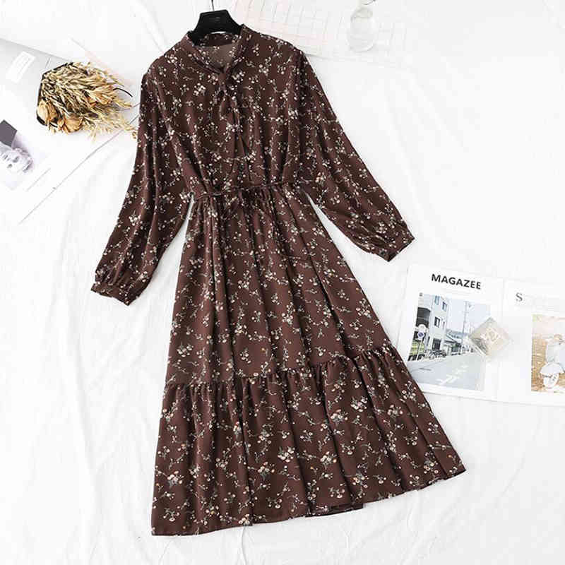 Spring Vintage Printed Dress Women Long Sleeve Bow Casual Chiffon Dresses High Waist Floral A-line Long Dress Female Vestidos 210521