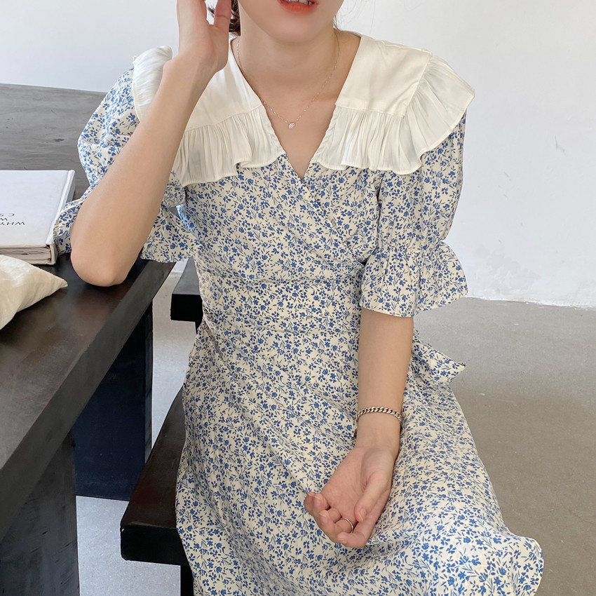 Korea Chic Big Turn Down Collar Long Sleeve Dress Vintage Women Elegant Flower Print High Waist Casual Slim Midi Dress Vestidos 210518