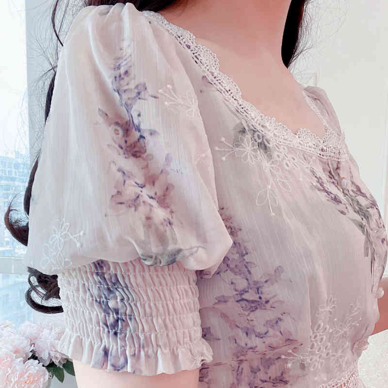 Women Dress Korean Summer Elegant Vintage Casual Floral Lace Splicing High Waist Fairy Midi Dresses 210519