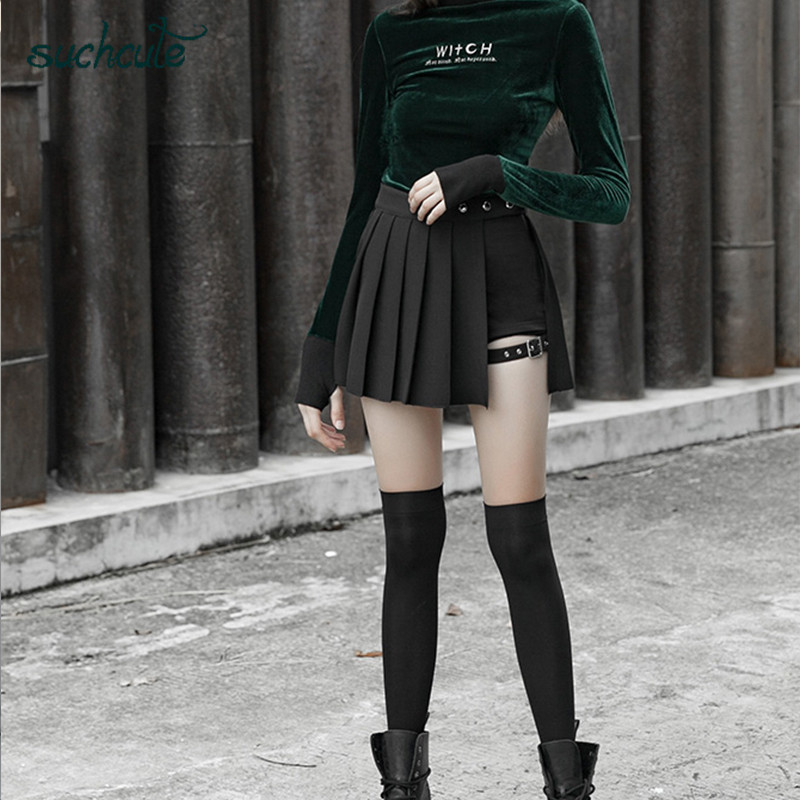 SUCHCUTE sexy gothic high waist women pleated mini skirt with short ribbons A-line Skirts streetwear solid female party outfits 210408