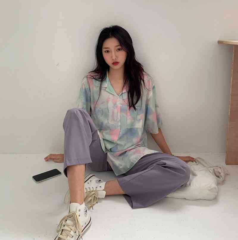 Femme High Street Printed Oversize Gentle Short Sleeves Tops Dying OL Students Casual Summer Brief Outwear Shirts 210421