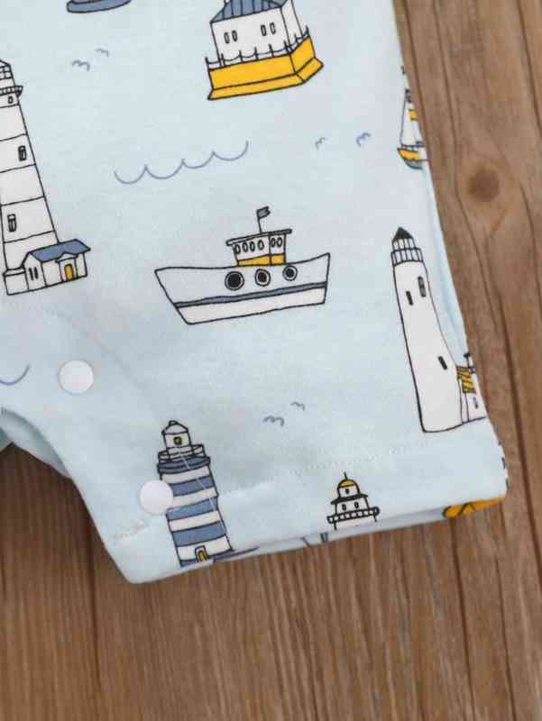 Baby Lighthouse And Boat Print Contrast Binding Romper SHE