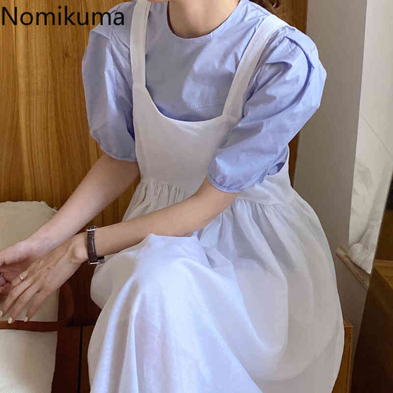 Nomikuma Korean Chic 2Pieces Sets Puff Short Sleeve Blouse Shirt + Bow Tie High Waist A-line Sling Dress Sweet Suits 6F855 210427