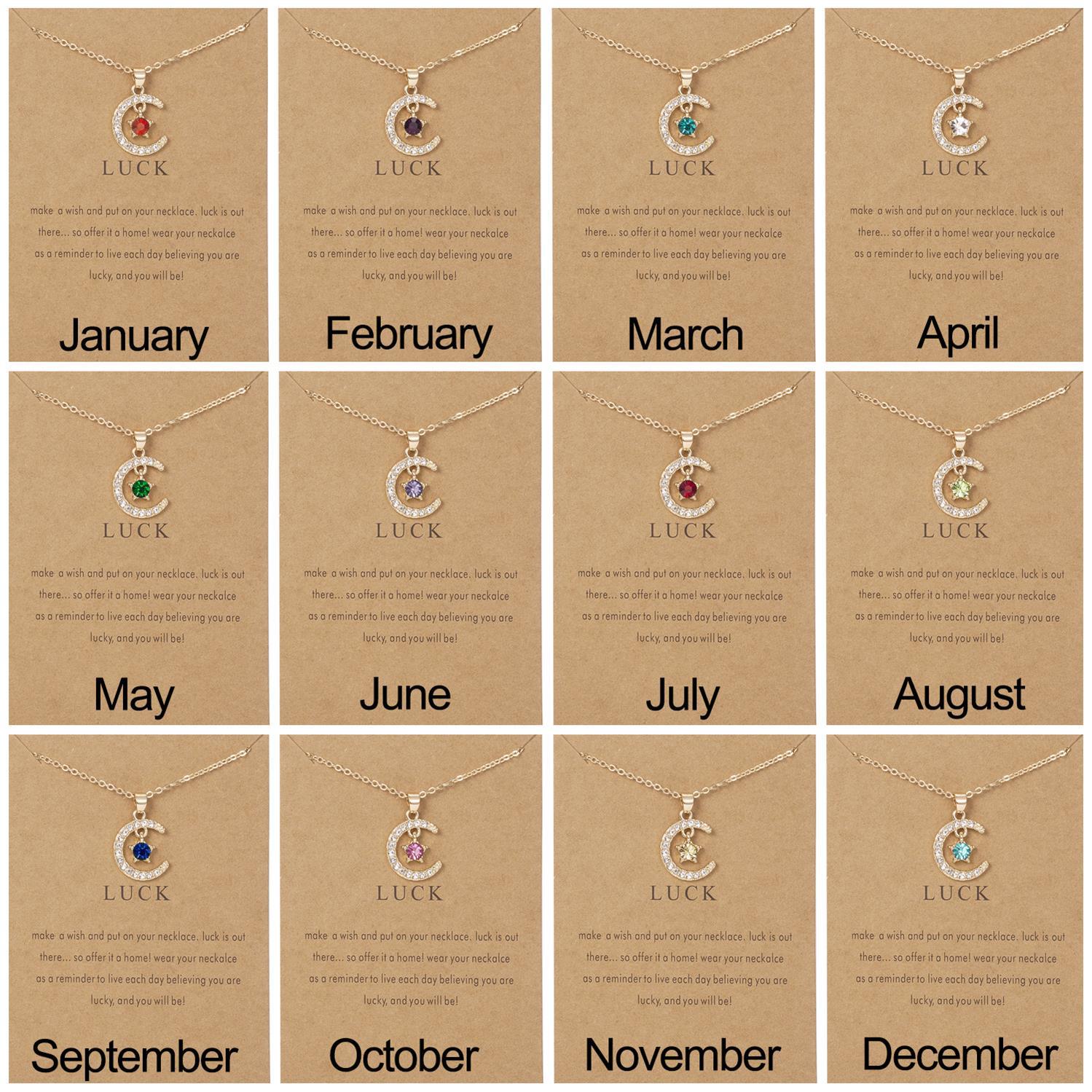 2022 Trendy Moon Star Birthstone Pendant Necklace Wish Card For Women Crystal Gold Color Clavicle Chain Mom Birthday Jewelry Gifts