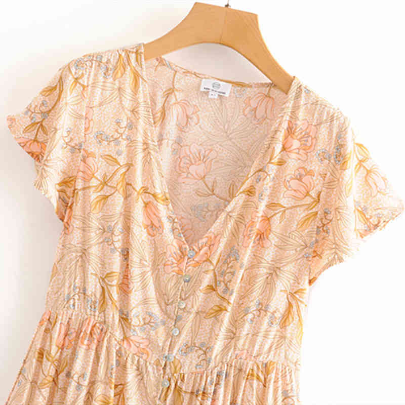 beauty Boho Floral Print Cotton Midi Dress Women Holiday Vintage V-neck Single Breasted Beach Dresses Female 210514