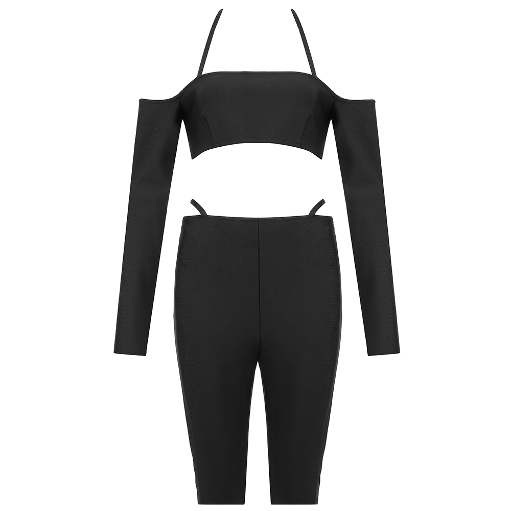 Summer Black Open Back Sexy Wrapped Chest Long Sleeve Bottoming Shorts Sports And Leisure Women'S Bandage Set 210525