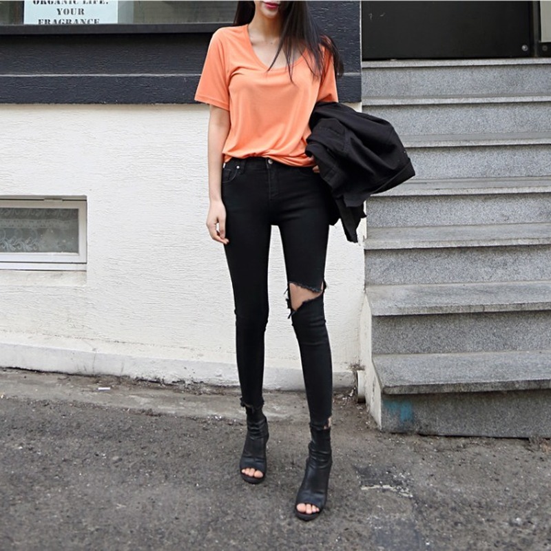 Black Ripped Holes High Waist Spring Summer Stretch Denim Pants Women Skinny Capris Female Pencil Jeans 10399 210417