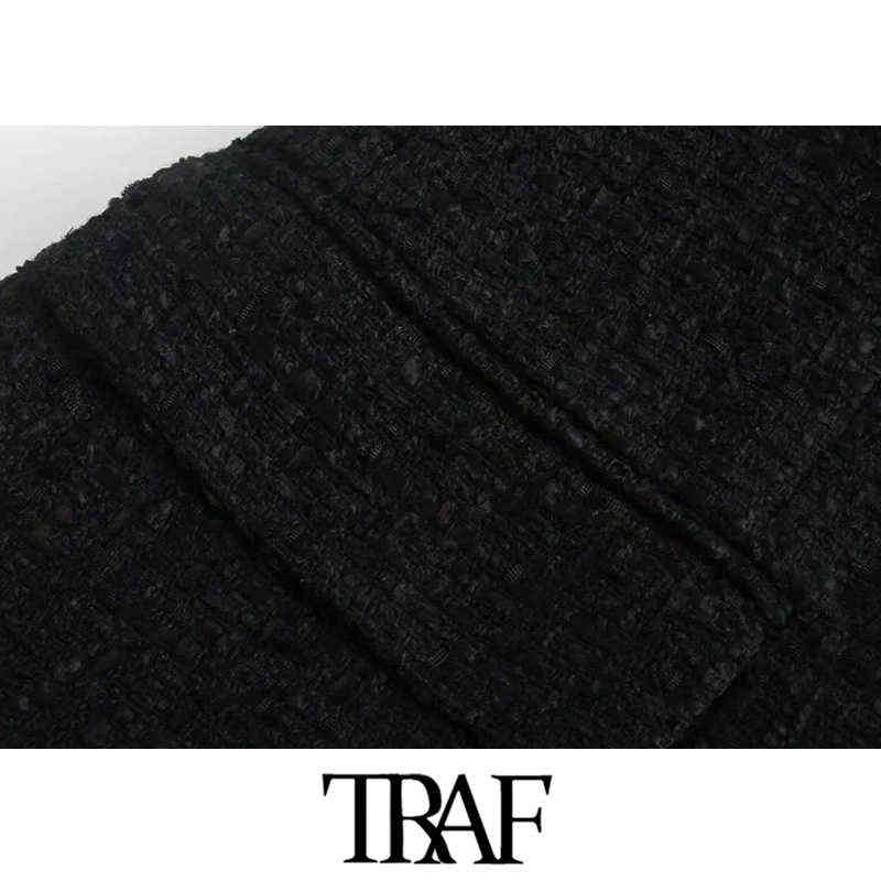 TRAF Women Fashion With Metal Button Tweed Blazer Coat Vintage Long Sleeve Flap Pockets Female Outerwear Chic Veste 211122