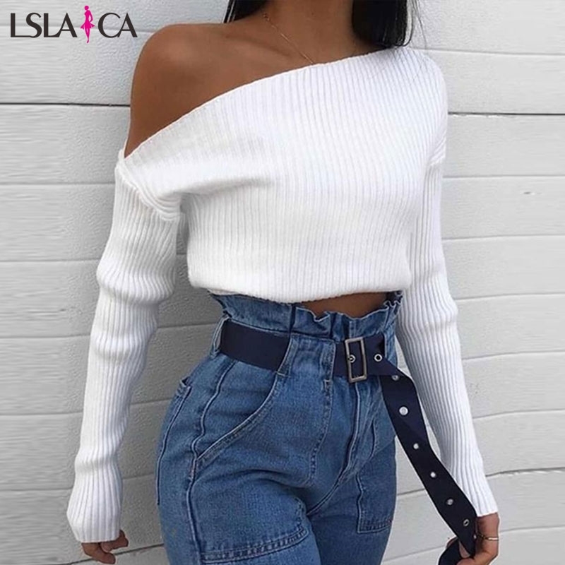 Lslaica Women's knitted blouses white skew collar long sleeve casual fashion bottoming elegant slim office blouse 210520