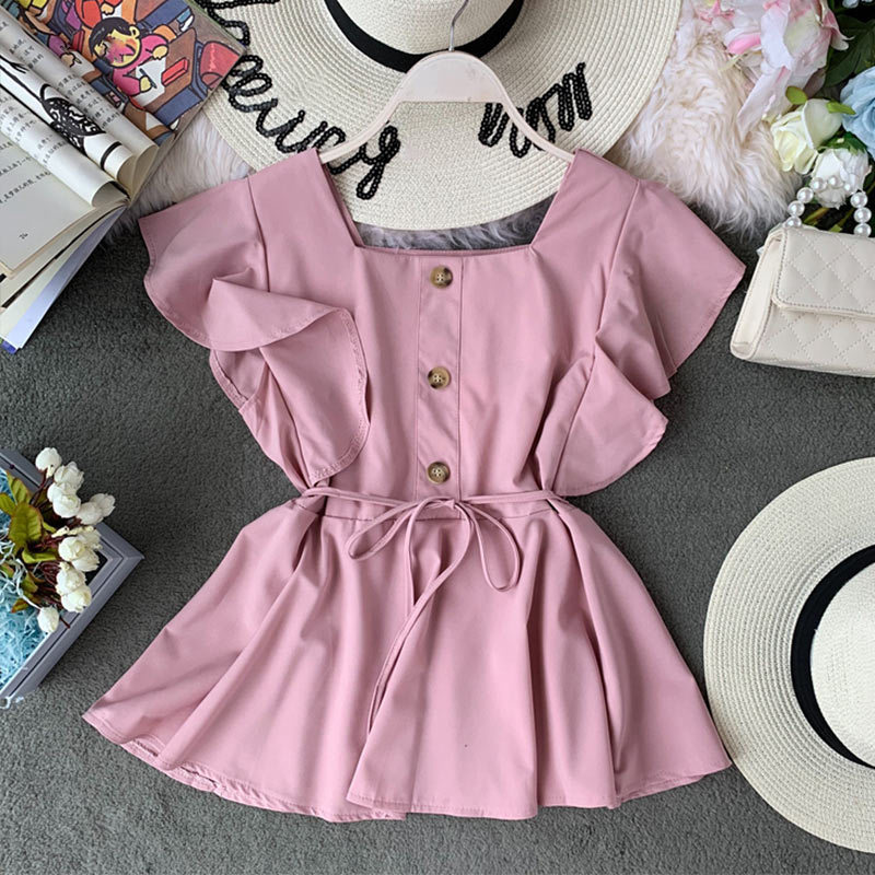 Butterfly Sleeve Chiffon Solid Women's Shirts Square Collar Single Breasted Sashes Shirt Female Summer Casual Top Lady 210518, Pink
Butterfly Sleeve Chiffon Solid Women's Shirts Square Collar Single Breasted Sashes Shirt Female Summer Casual Top Lady 210518, Pink