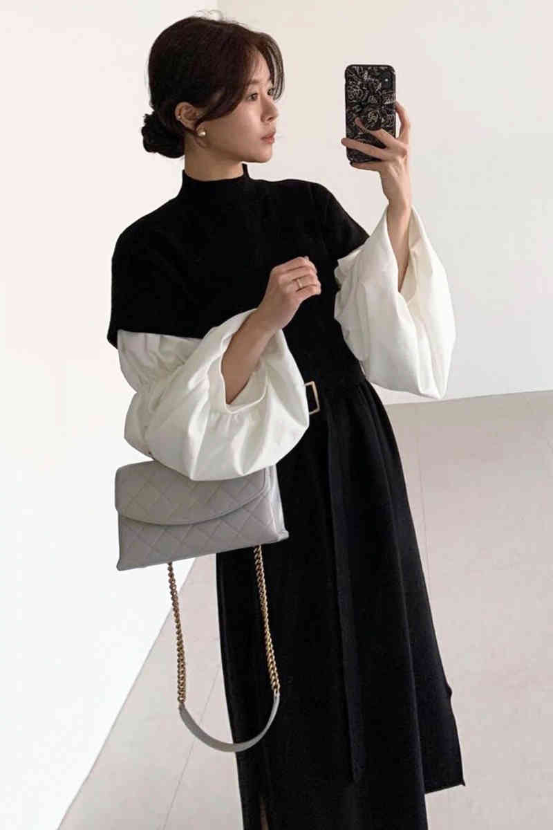 Knitted Sweater Dress Women Loose Long Patchwork Robe Mujer Contrast Color Vintage Korean Dresses Stand Collar Vestidos 210519