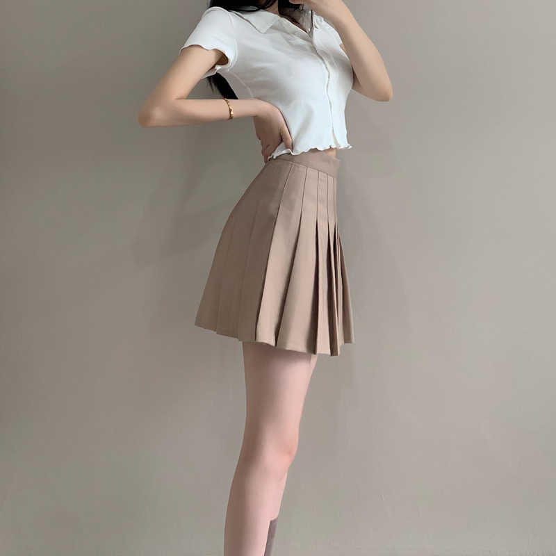WOMENGAGA Fold Pleated A-LINE Korean Sexy Brown Mini Denim Skirt Skirt Harajuku Gothic Kawaii Japanese LP49 210603