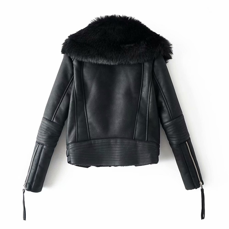 fashion women faux lamb wool fur leather jacket winter streetwear lady black outerwear with soft collar cool female suits 210430