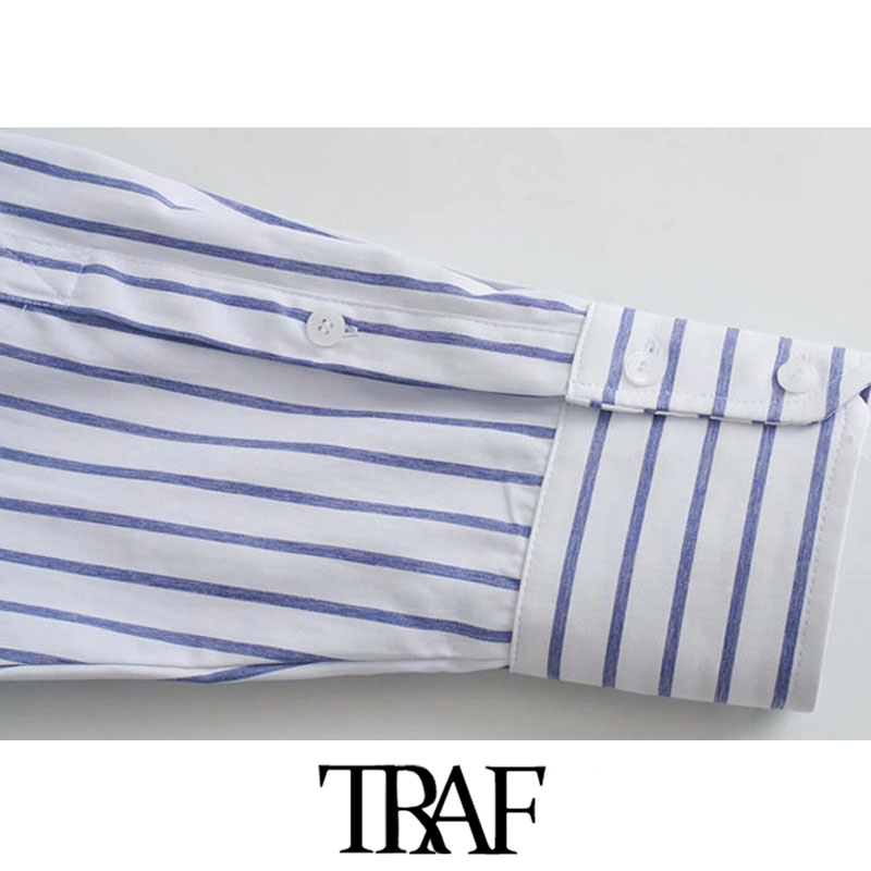TRAF Women Fashion Office Wear Striped Loose Blouses Vintage Long Sleeve Pockets Female Shirts Chic Tops 210401
