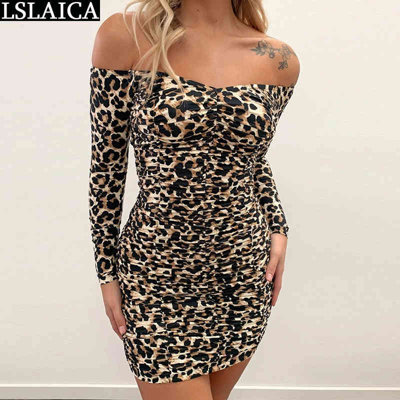 Leopard Dress Women Long Sleeve Slash Neck Off Shoulder Sexy High Waist Party Clubwear Mini Elegance es For 210515