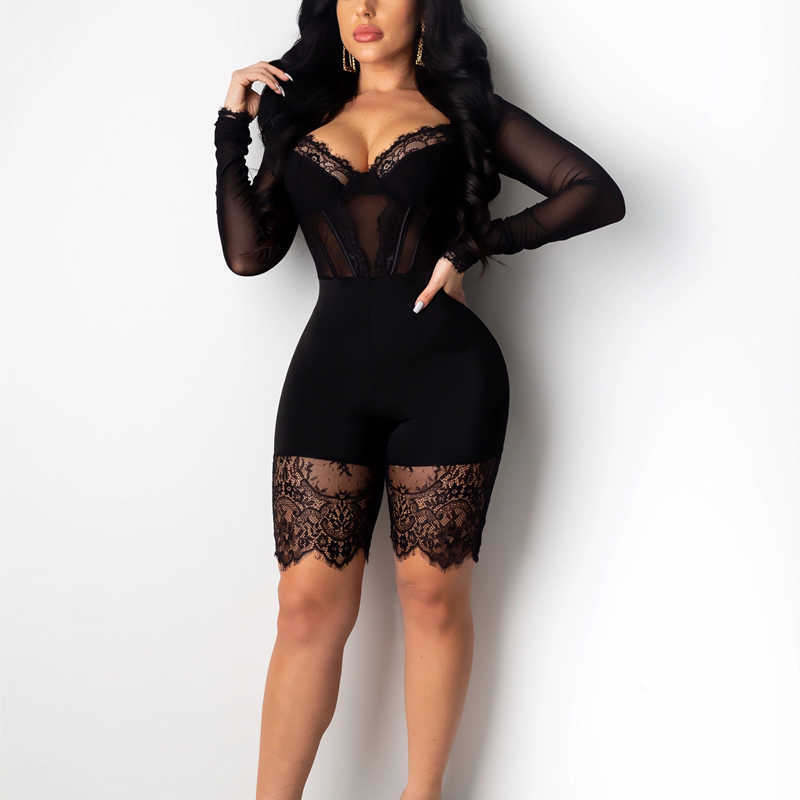 Colysmo Floral Lace Sexy Playsuit Women Black Long Sleeve See Through Zipper Bodycon Romper Party Jumpsuit Lady Skinny Playsuits 210527