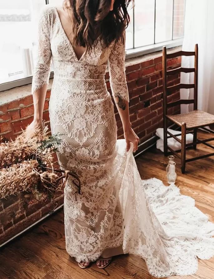 3/4 Long Sleeves Bohemian Wedding Dresses Full Lace V-neck Backless Mermaid Sweep Train Robes de Mariée Beach Country Bridal Gown