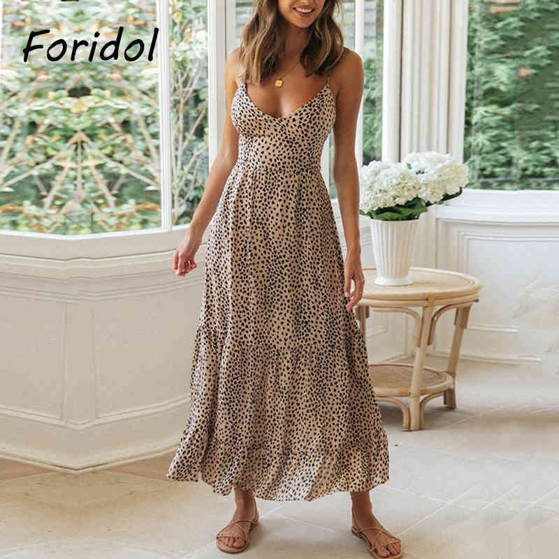 Foridol Elegant Backless Lace Up Summer Dress Women Clothing Sleeveless Leopard Maxi Boho Beach Dress Lady Long Vestido Feminino 210415