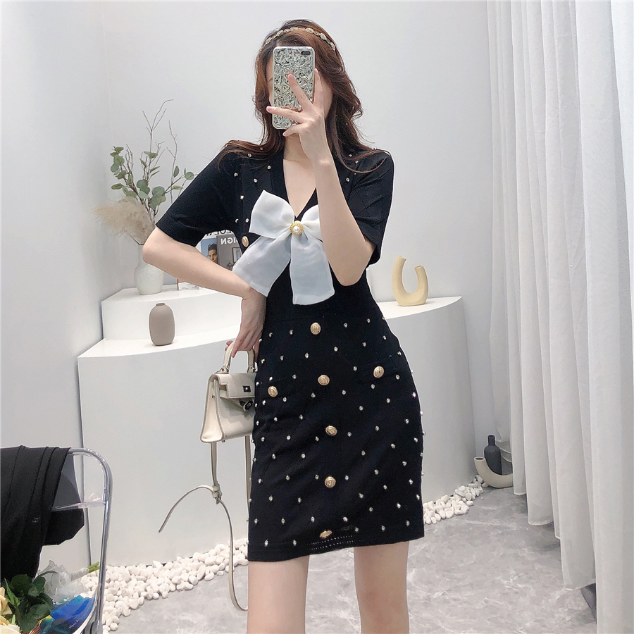 New design womens summer v-neck short sleeve bow patchwork cute sexy bodycon tunic rhinestone knitted sweater dress