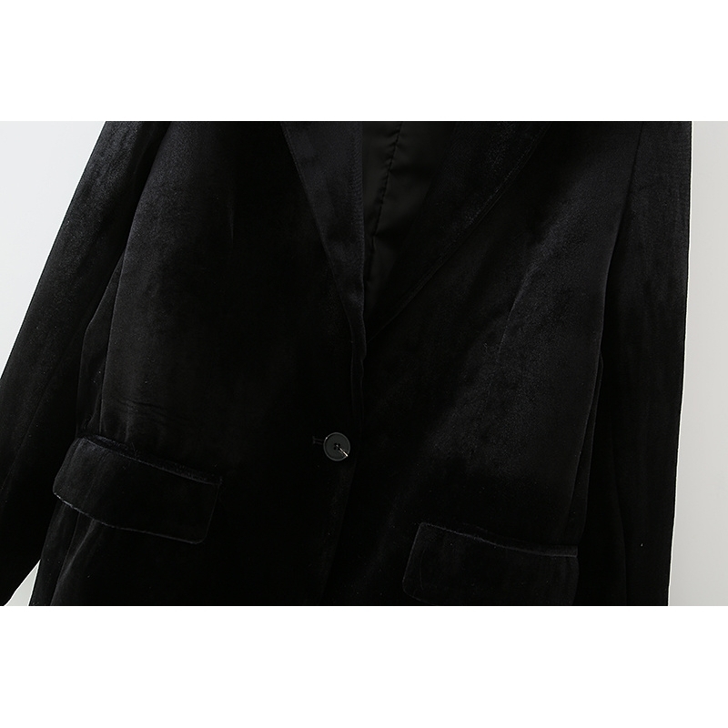 Causal Women Black Velvet Slim Jacket Fashion Ladies Single Button Blazers Streetwear Female Chic Pocket Coats 210430