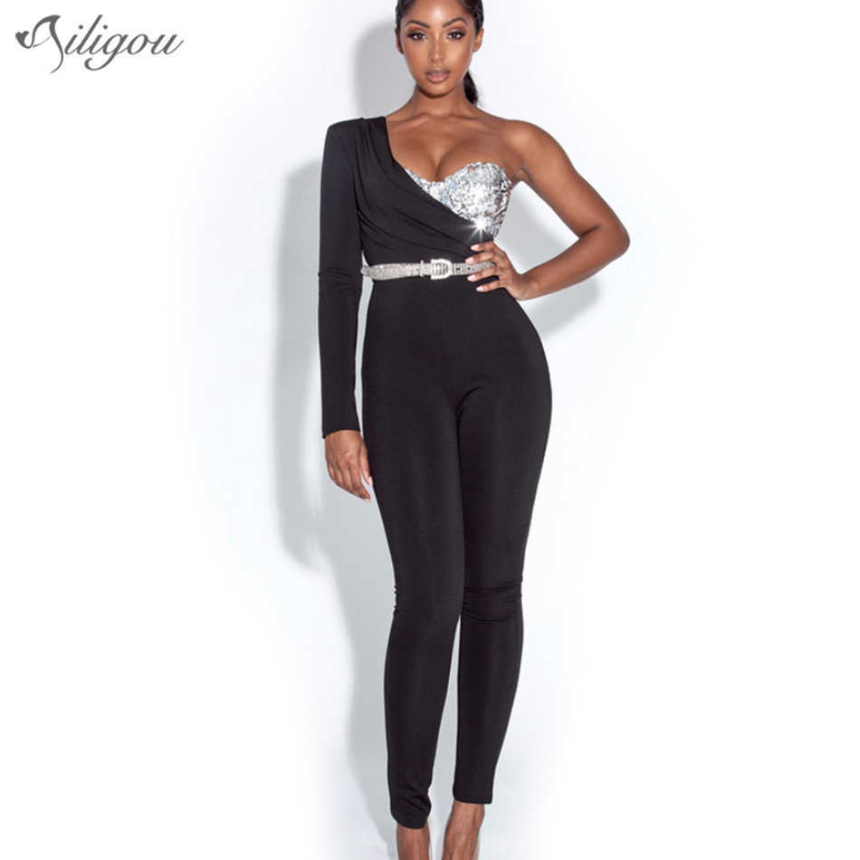 Bodycon Jumpsuit Sexy One Shoulder Sequin Black Women Celebrity Party Club 210527