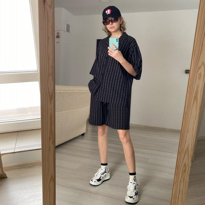 Summer Men Set Shirts And Shorts Lightweight Fabric Letter Striped Half Sleeve Elastic Knee-Length Baggy Oversize Clothing Men's Tracksuits