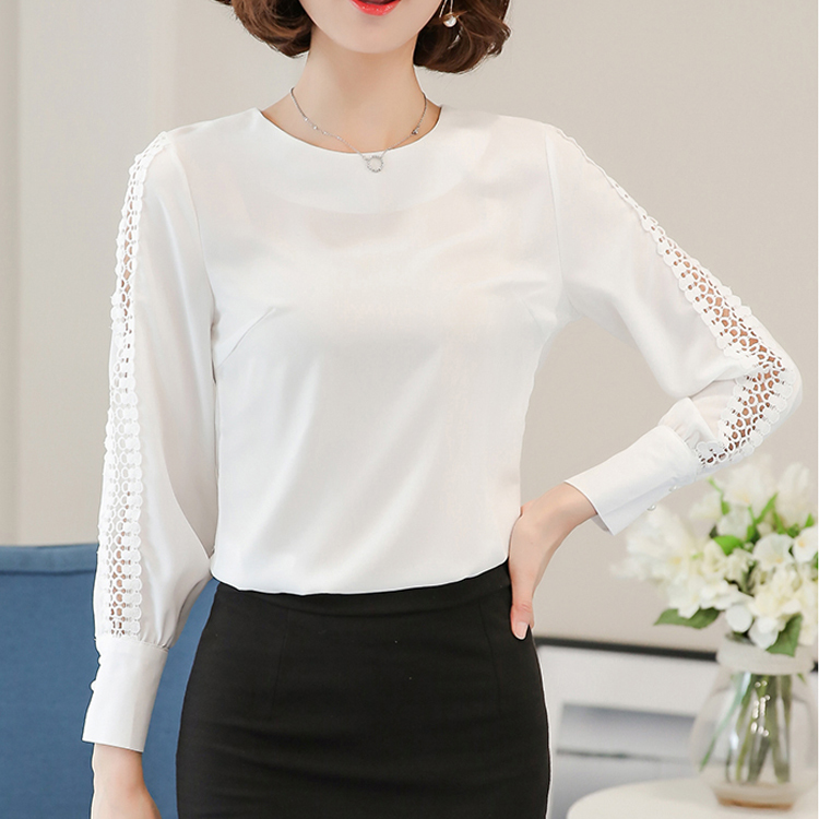 Long Sleeve blusas mujer de moda Ladies Office Shirts Korean Lace Hollow Out Women Top White Chiffon Blouses 821F 210420