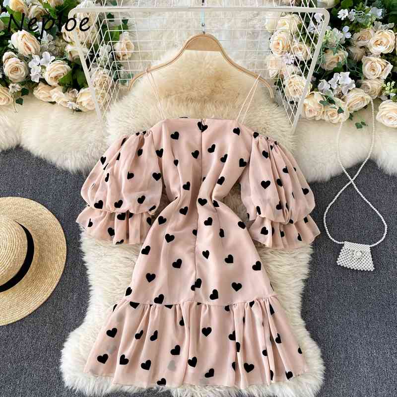 Neploe Sexy Shoulder Strapless Love Heart Print Dresses Sweet Ruffles Patchwork Mini Dress Women Puff Sleeve Zip Camis Vestidos 210422