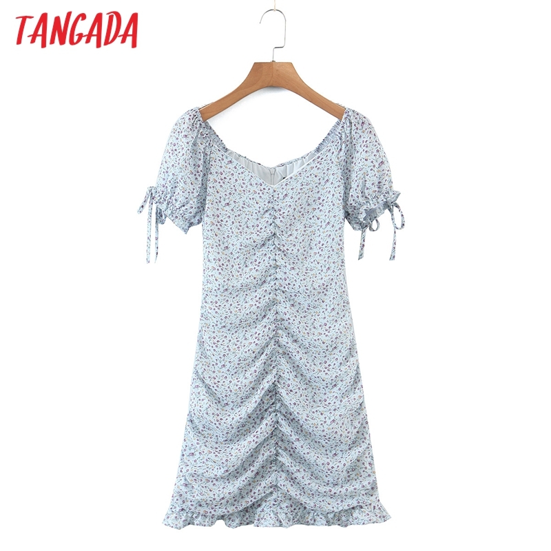 Summer Women Blue Floral Chiffon Bow Short Sleeve Ladies Mini Dress Vestidos DZ13 210416