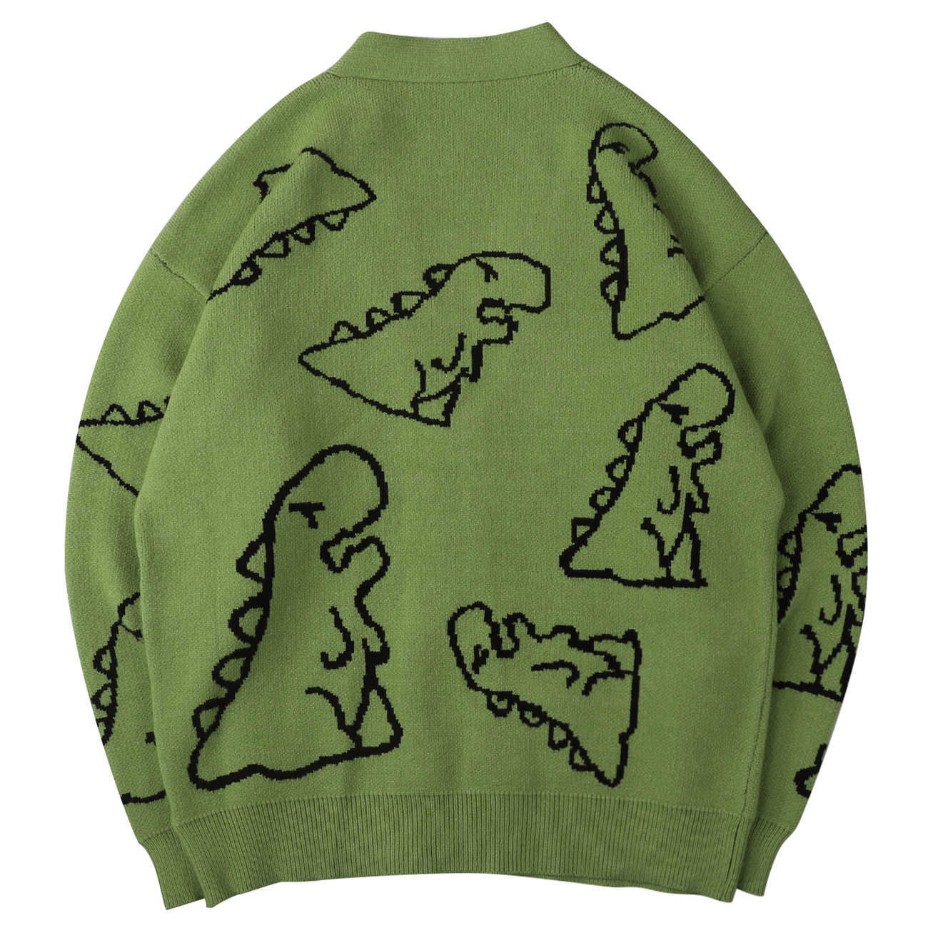 Hip Hop Mens Knitted Sweater Doodle Dinosaur Pattern Harajuku Oversize Streetwear Loose Cardigan Pullover Men Women Coat 210818