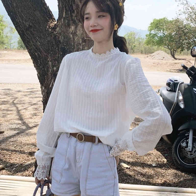Blouse Women White Striped Ladies Tops Autumn Korean Cotton Shirt for Lace Casual Lantern Long Sleeve Pullover 10912 210427