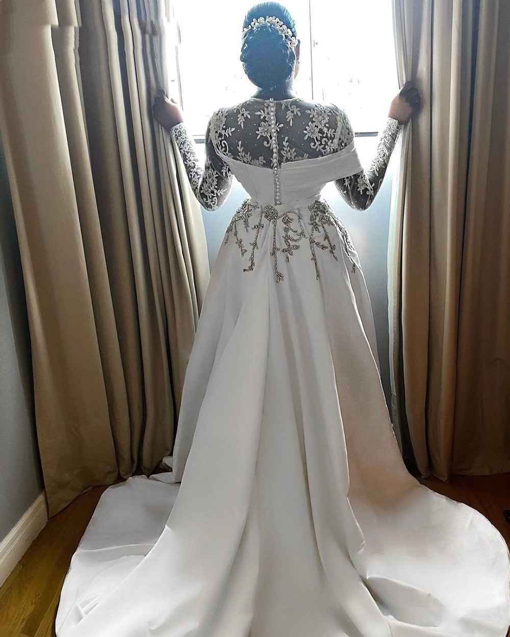 African aso ebi Mermaid Wedding Dresses 2022 Elegant Beaded Lace Top Long Sleeves Bridal Wedding Gowns With Detachable Train