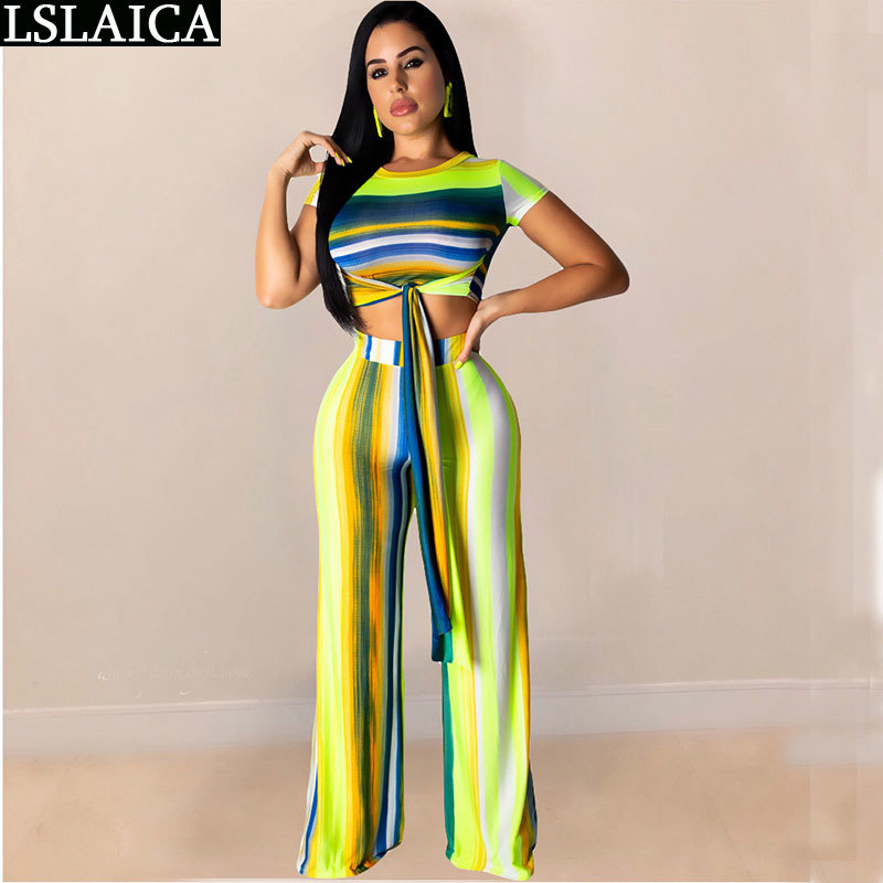 Two Piece Set Women Crop Top Lacing&Long Pant Color Print Casual Sexy 2 Plus Size African 2 s Womens Outfits 210520