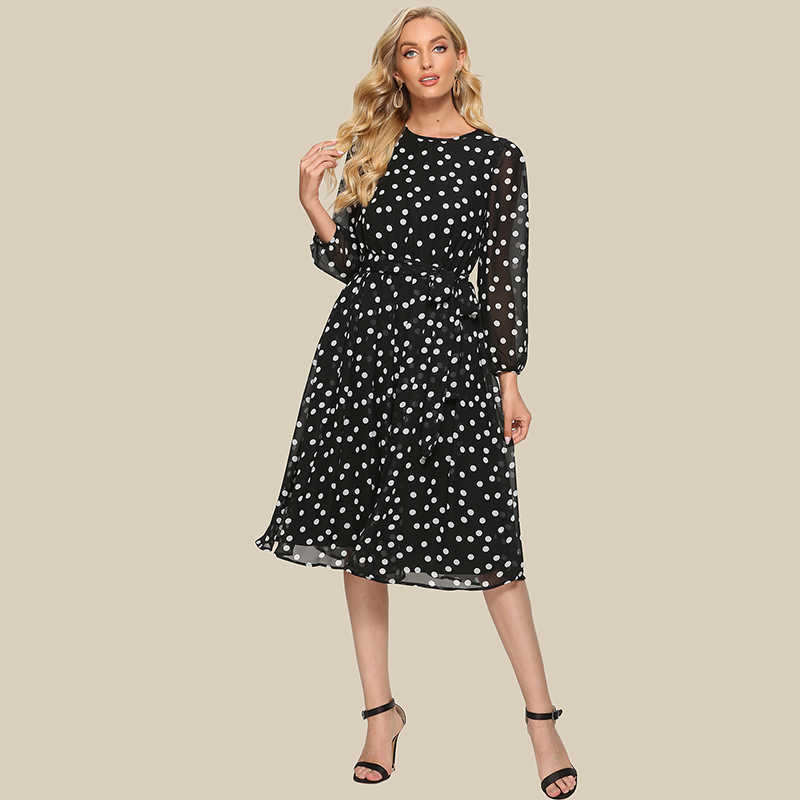S.FLAVOR Vintage Dot Printing Women Spring Chiffon Dress Autumn Fashion Casual Dress Boho Beach Women A-line Vestidos 210630
