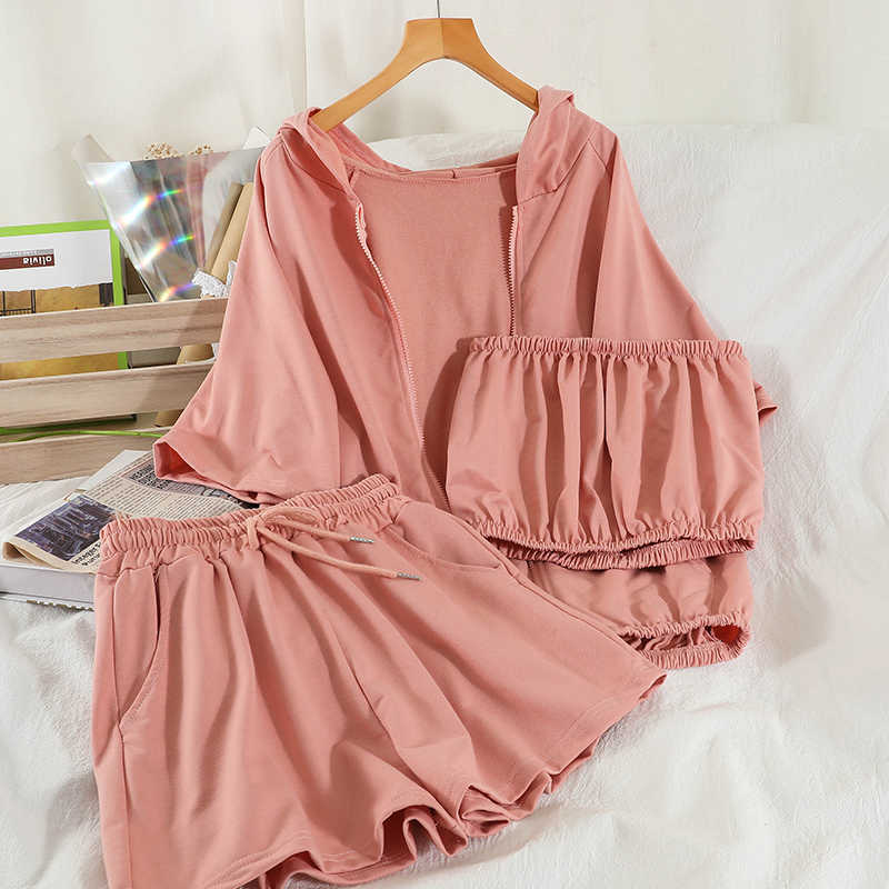 DEAT Women Hooded Collar Sweater Drawstring Shorts Arrivals Two Piece Set Fashion Temperament Spring Summer 11D841 210709