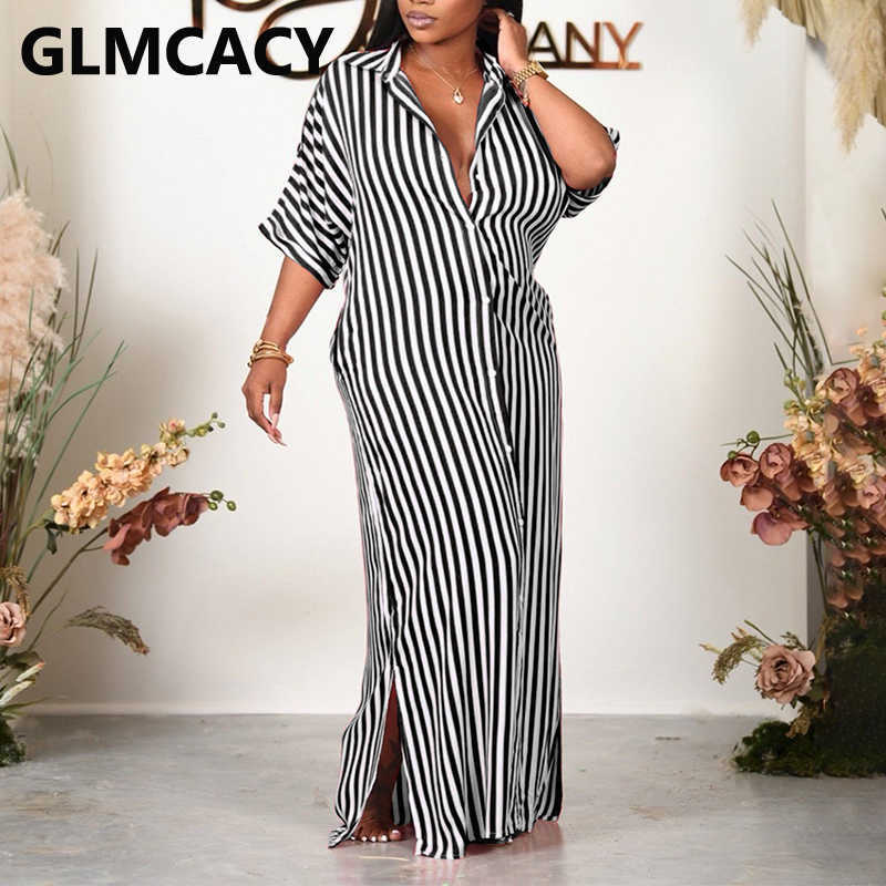 Short Sleeve Striped Button Down Maxi Dress Casual Loose Dress 210702