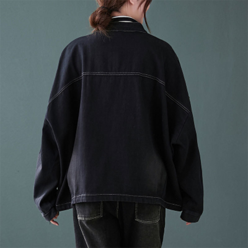 Autumn Korea Fashion Women Loose Casual Black Short Coat Single Breasted Big Pocket Denim Jackets Plus Size S31 210512