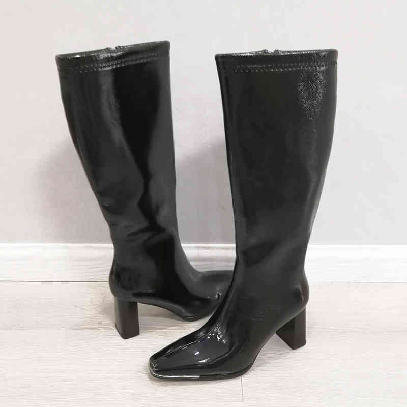 Women Long Boots Shoes High Heel Knee-High Ladies Square Toe Block Heels Zip Fashion Autumn Winter White 210517
