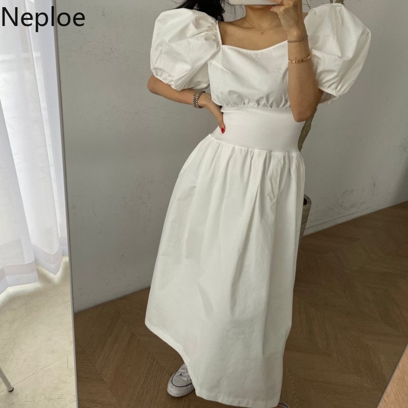 Neploe Maxi Dress Women Square Collar Puff Short Sleeve Dresses Korean Chic Summer Slim Waist Temperament Pink Vestidos Mujer 210422