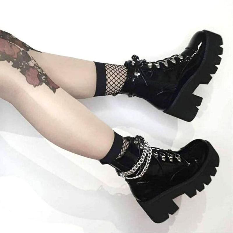 Boots Brand Cool Patent Leather Gothic Style Black Sexy Chains Square High Heel Platform Punk Ankle Women Shoes
Boots Brand Cool Patent Leather Gothic Style Black Sexy Chains Square High Heel Platform Punk Ankle Women Shoes