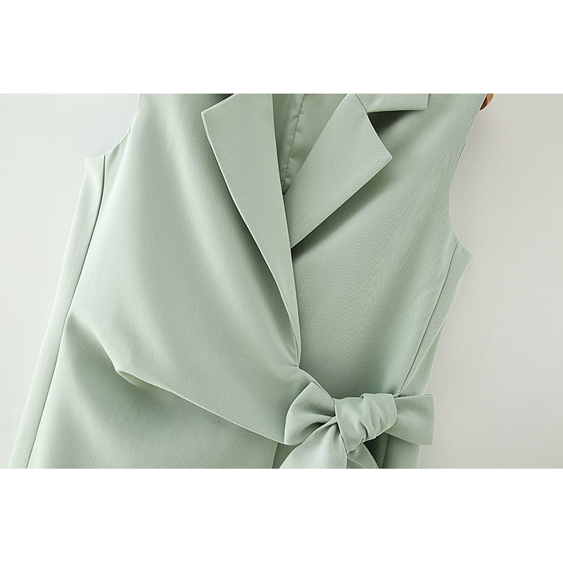 fashion women green vest elegant lady v-neck bow outerwear causal female polyester and cotton girls chic sets 210527
