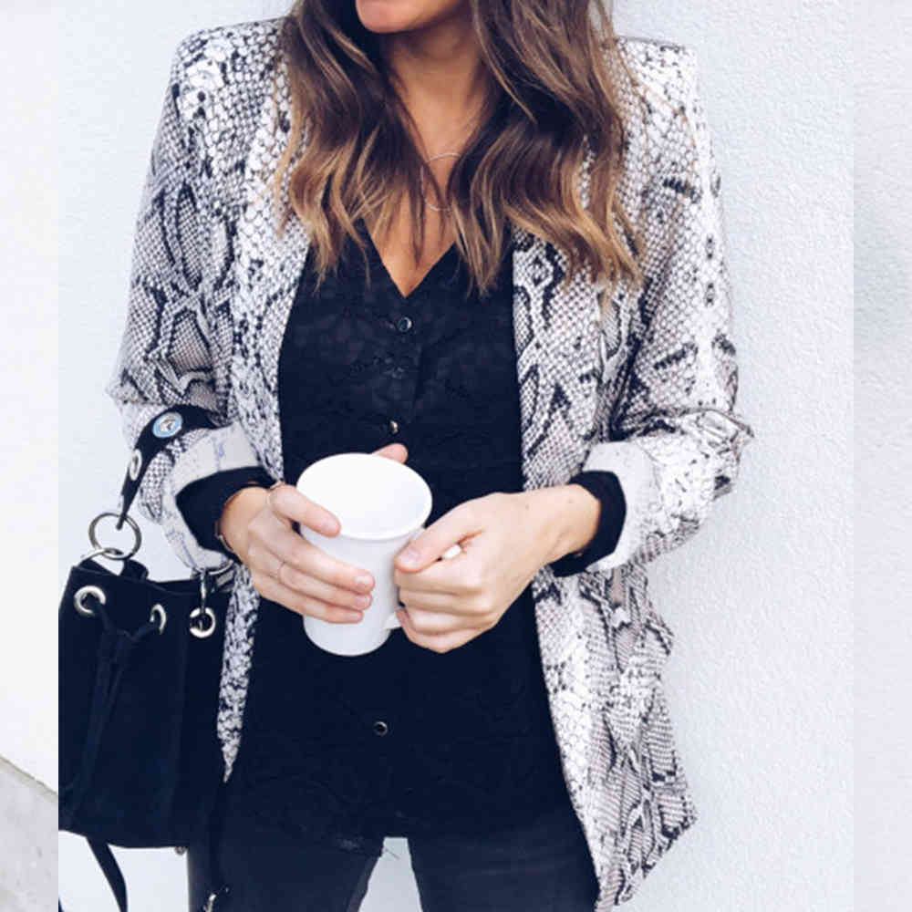 Women Autumn Vintage Leopard Blazers Work Office Lady Slim Skin Print Suits with Pockets Casual and Jackets Tops 210428