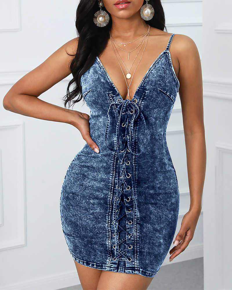 Summer Women Fashion Casual Short Dress Eyelet Lace-up Denim Bodycon Mini Dress 210716