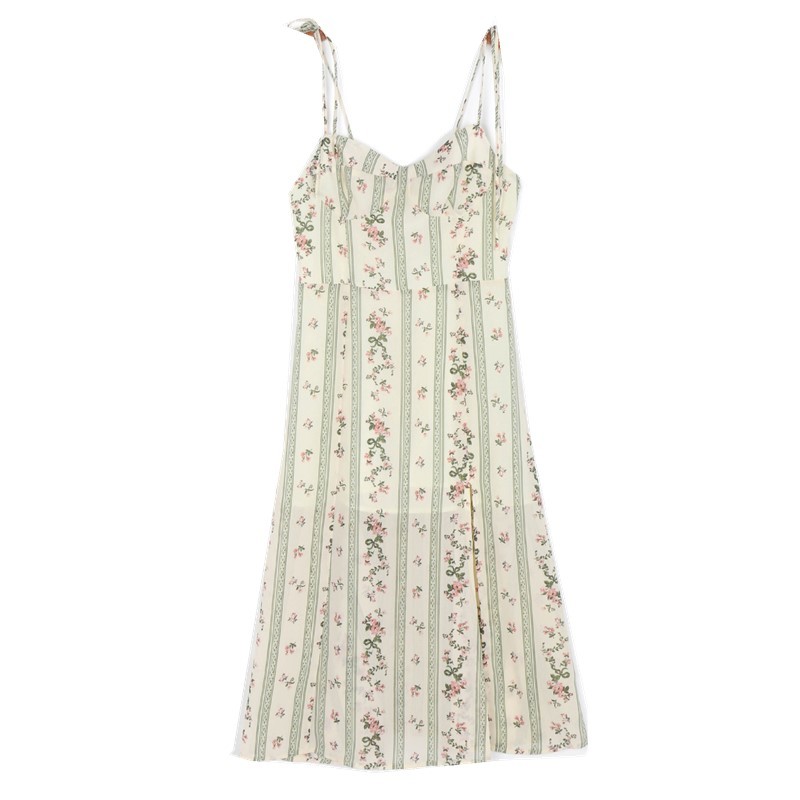 French Summer Striped Flower Print Bandage Spaghetti Strap Slit Long Dress Retro Sexy Women Lacing Up Sling Dresses Vestido 210429