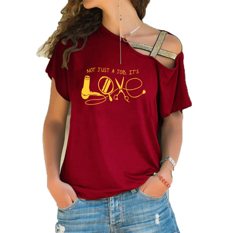 Hairdresser T Shirt High Quality Knitted Sunlight Leisure Women T Shirts Humorous Top Tee Irregular Skew Cross Bandage Tee Tops 210406