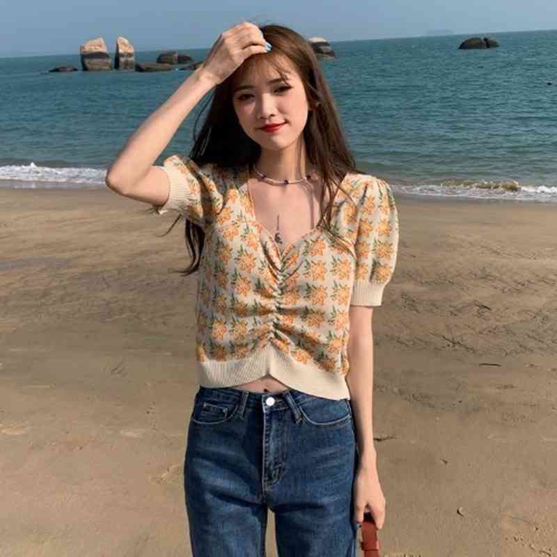 Stretch Knit Jacquard Crop Top Korean Square Neck Sweet Pullover T Shirt Fresh Temperament Drawstring Short Thin Jumper 210519