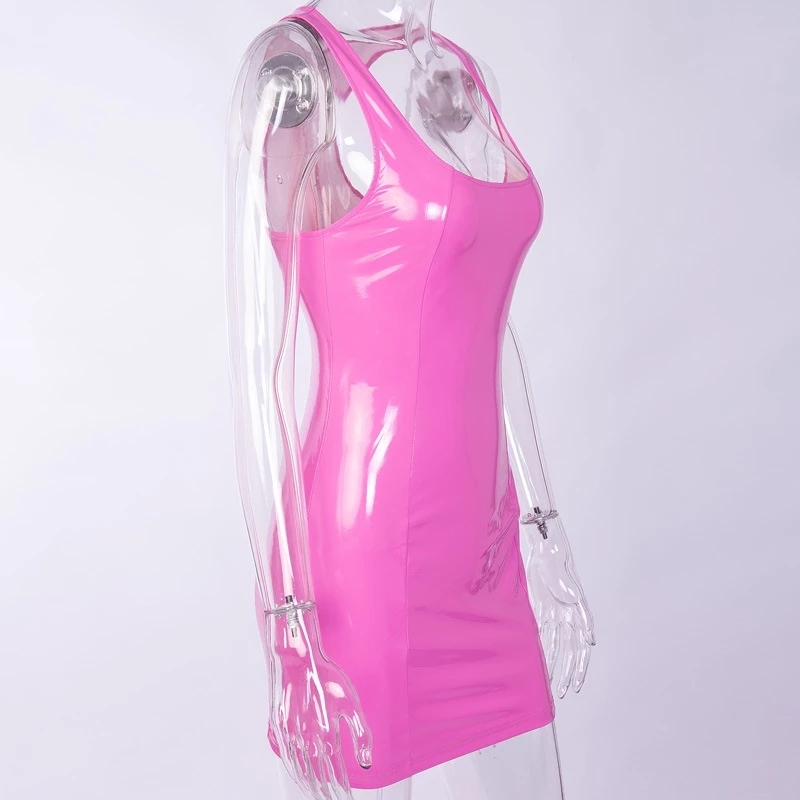 Sexy Pink PU Leather Bodycon Dress Summer Women Sleeveless Low Cut Back Zipper Elastic Mini Dress Party Club Dresses 210419